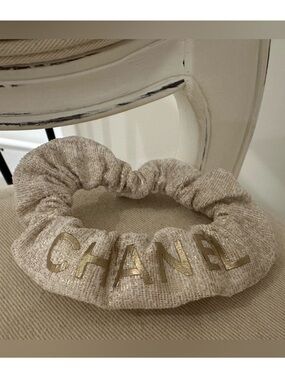 Beige Tweed Hair Accessory with Gold Lettering NWOT